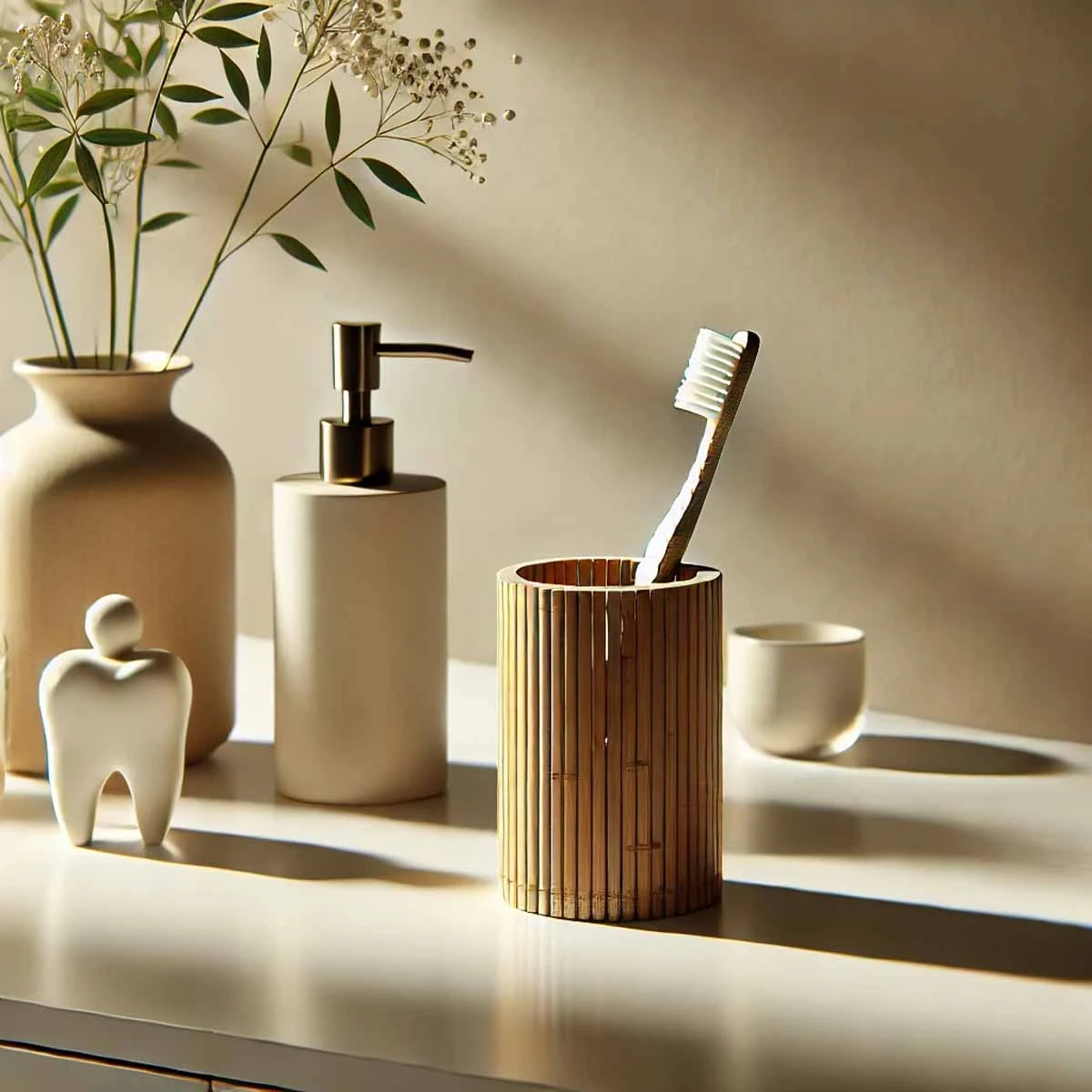 Eco-friendly bamboo toothbrush holder on bathroom sink