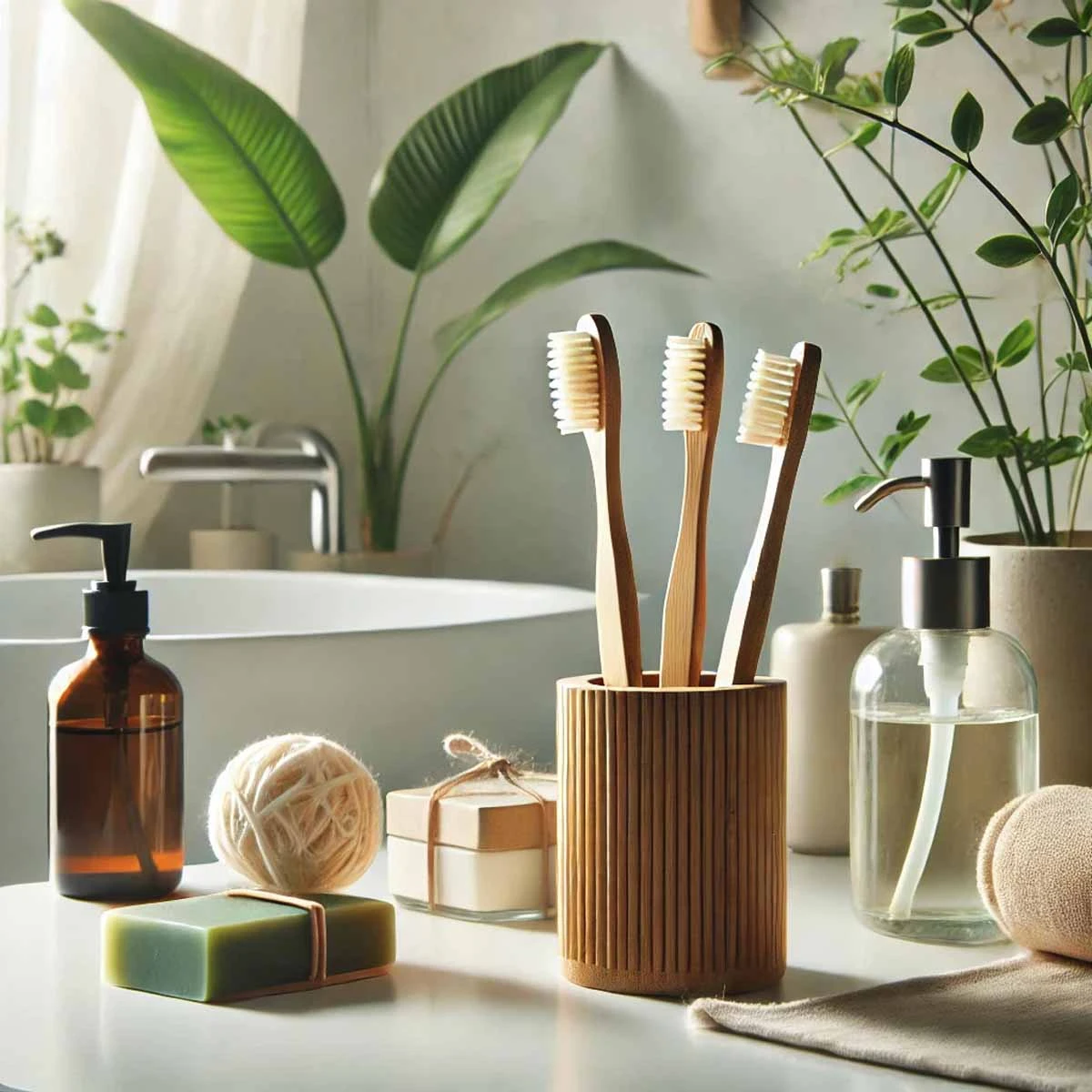 Eco-friendly bamboo toothbrush holder on bathroom sink